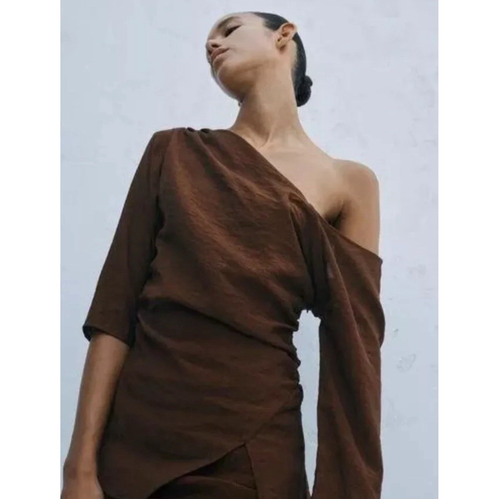 NWT Zara Side Ruched Asymmeteical Brown Top Tunic Viscose Lightweight Medium NEW